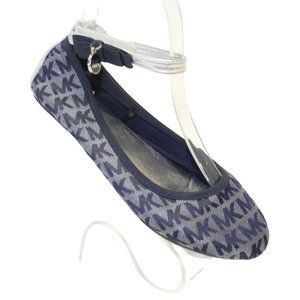 Michael Kors Fairleys Girls Sz 3 Silver Blue Logo Ankle Strap Ballet Flats Shoes